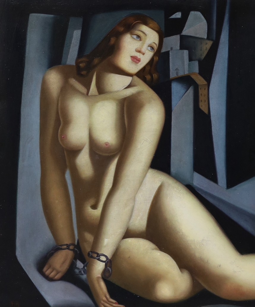 After Tamara de Lempicka (Polish/Russian, 1898-1980), oil on canvas, Chained nude, bears initials, 59 x 49 cm